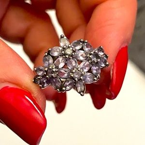 Gorgeous Sterling Tanzanite Cluster Ring size 6.5